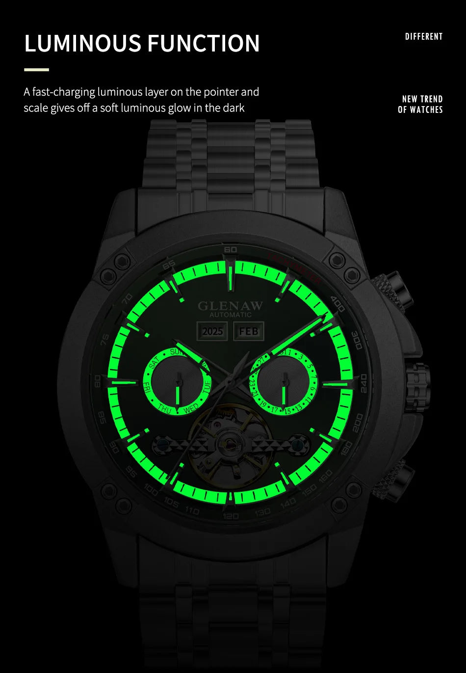 Glenaw high-end brand fully automatic mechanical multi-function watch men's business personality trend waterproof watch