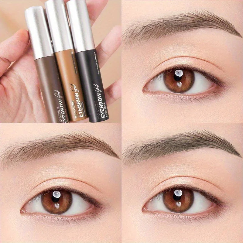 Waterproof eyebrow gel tubes and close-ups of defined eyebrows before and after application