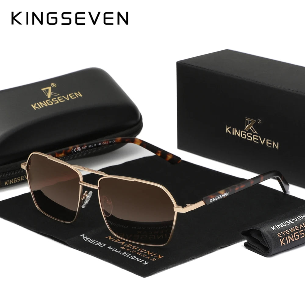 Gold frame square sunglasses with brown lenses, case, and packaging on display