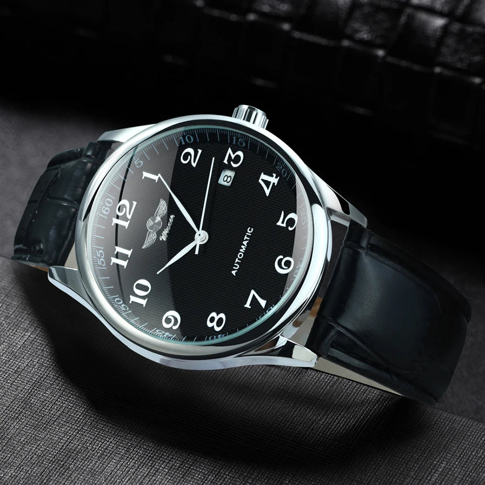 Winner Classic Business Watch for Men Retro Calendar Blue Hands Automatic Mechanical Watches Top Brand Luxury Steel Leather Belt