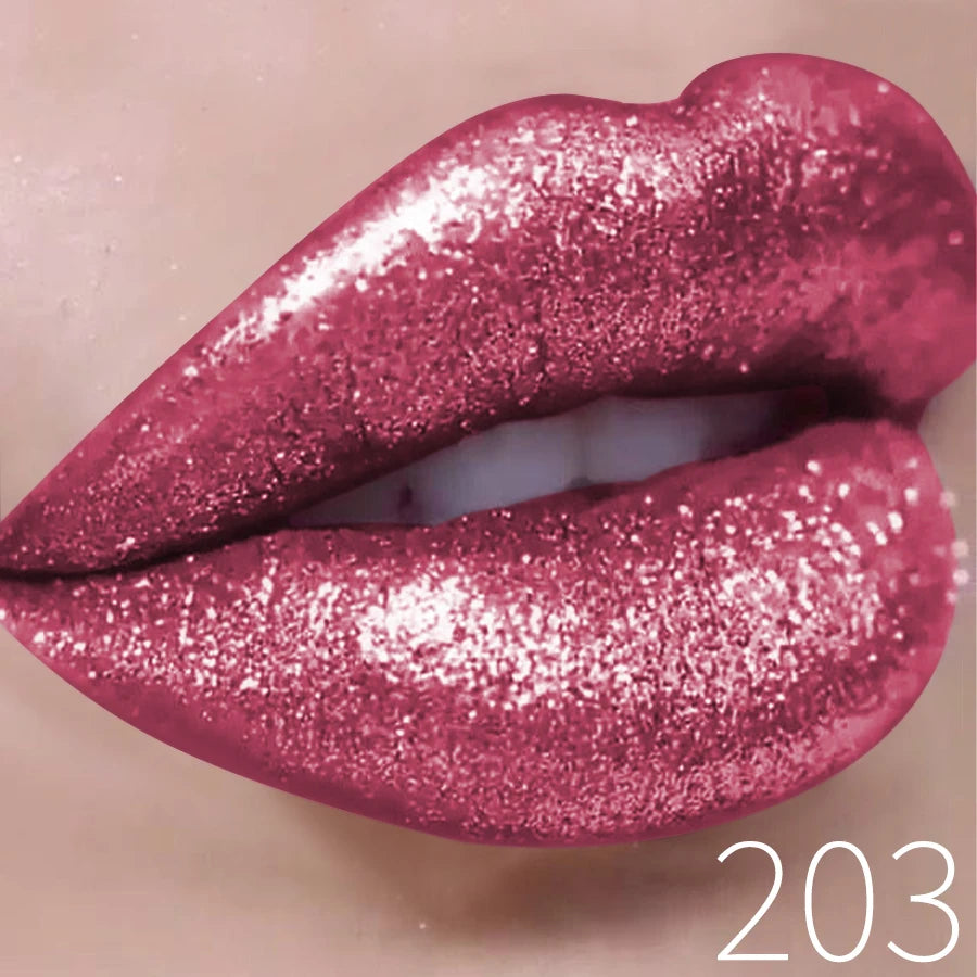 Close-up of lips with glittery pink metallic lipstick, makeup shade 203