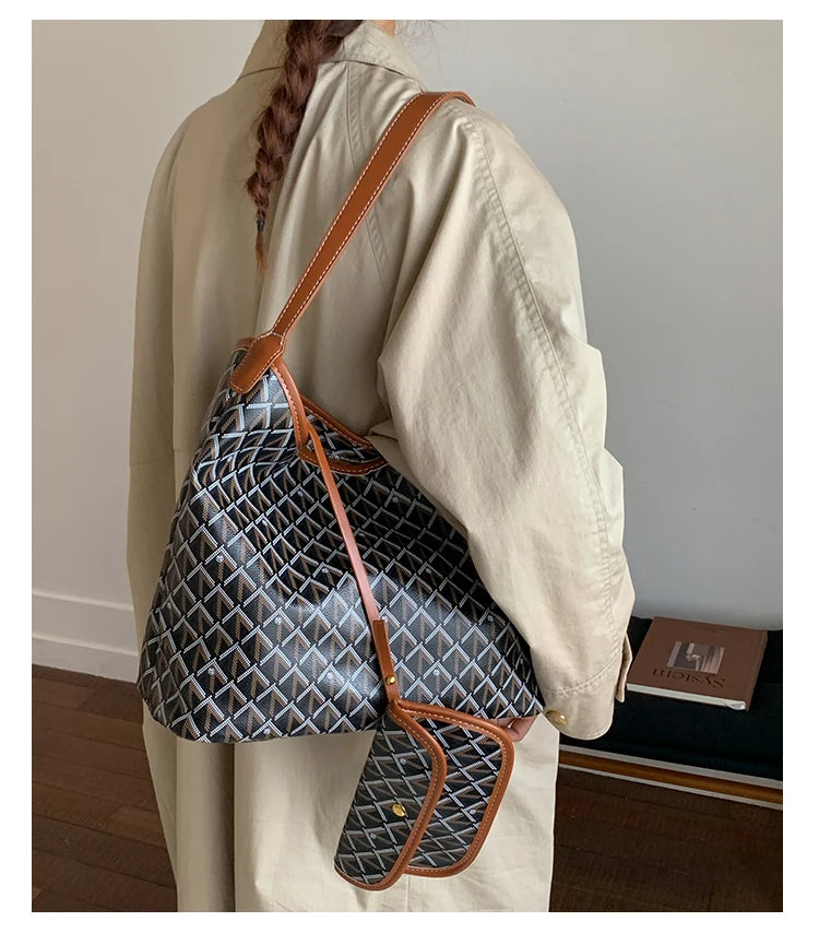 Large Capacity Women's Shoulder Bag Fashionable Commuter Tote Bag Soft PU Leather Printed Geometric Pattern Autumn New Arrival