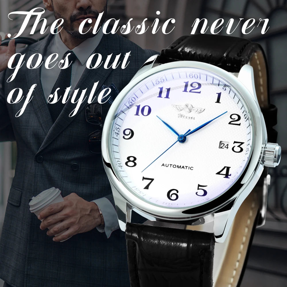 Winner Classic Business Watch for Men Retro Calendar Blue Hands Automatic Mechanical Watches Top Brand Luxury Steel Leather Belt