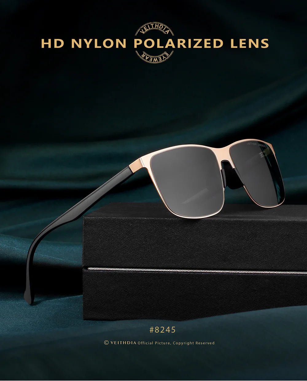 Black and gold square polarized sunglasses with HD nylon lenses displayed on a black box.