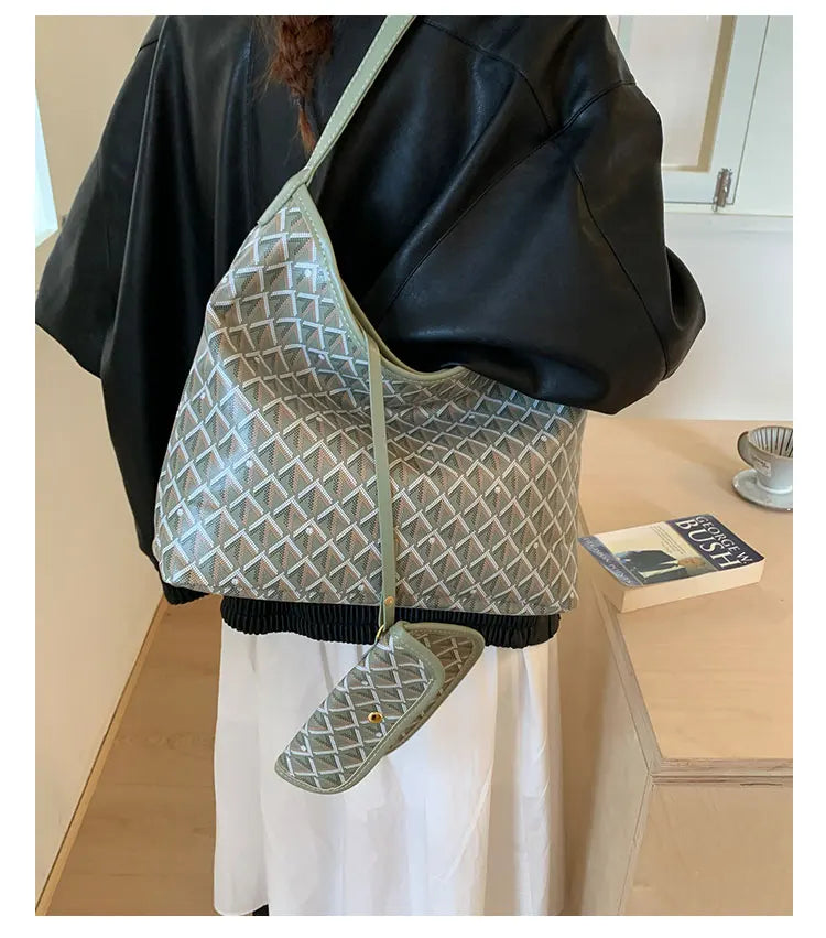 Large Capacity Women's Shoulder Bag Fashionable Commuter Tote Bag Soft PU Leather Printed Geometric Pattern Autumn New Arrival