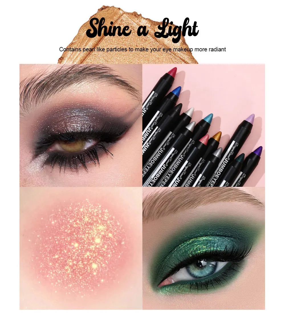 Eye makeup crayon pencils in various colors, glitter swatch, dramatic smoky and green eyeshadow looks.