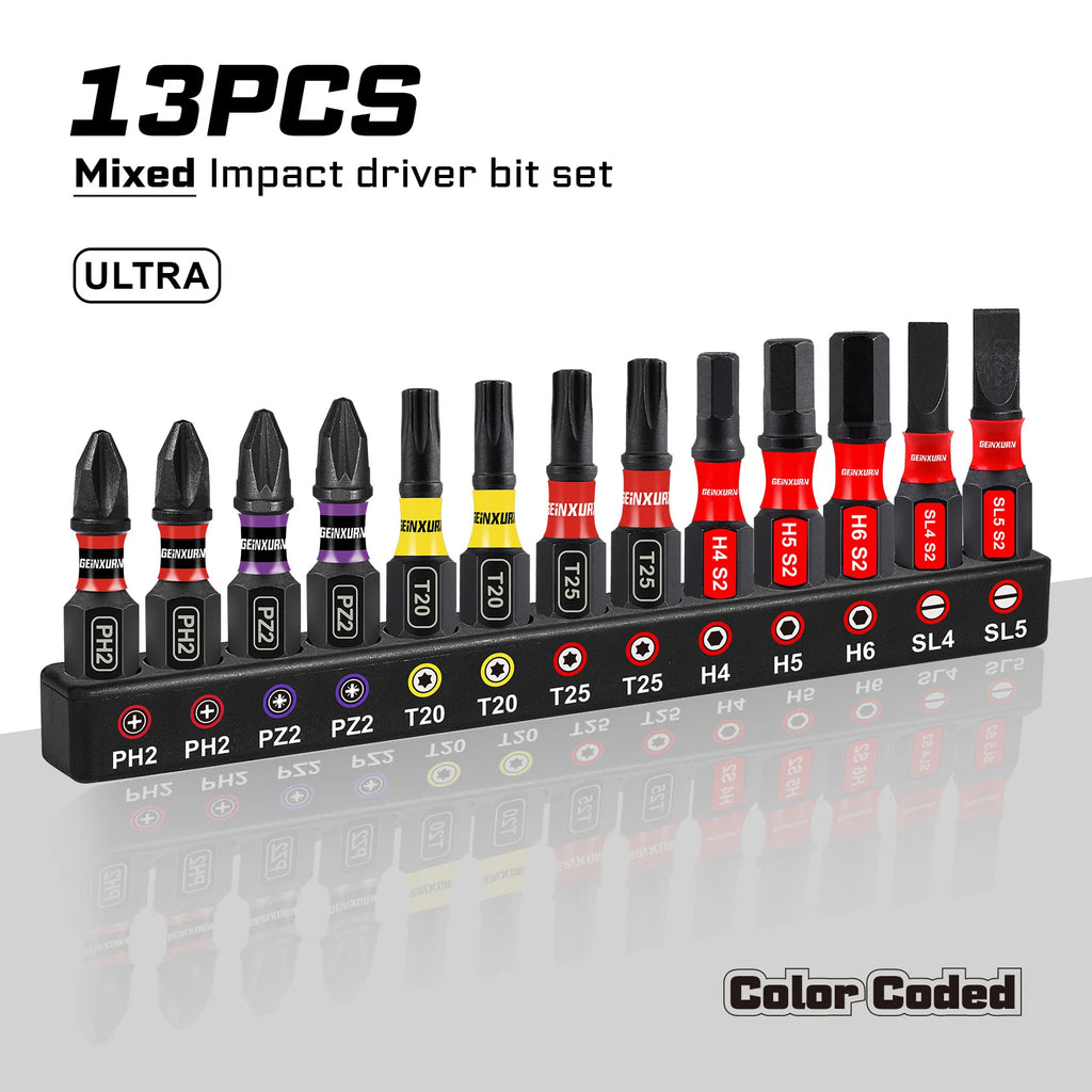 Geinxurn Impact Phillipes/Square/Slotted/Hex Screwdriver Bits Set,1''/2'' Magnetic S2 Steel Bits Set with Color Coded Base
