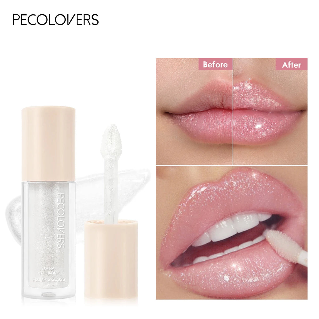 Clear lip gloss with applicator and before and after images showing shiny, plump lips.