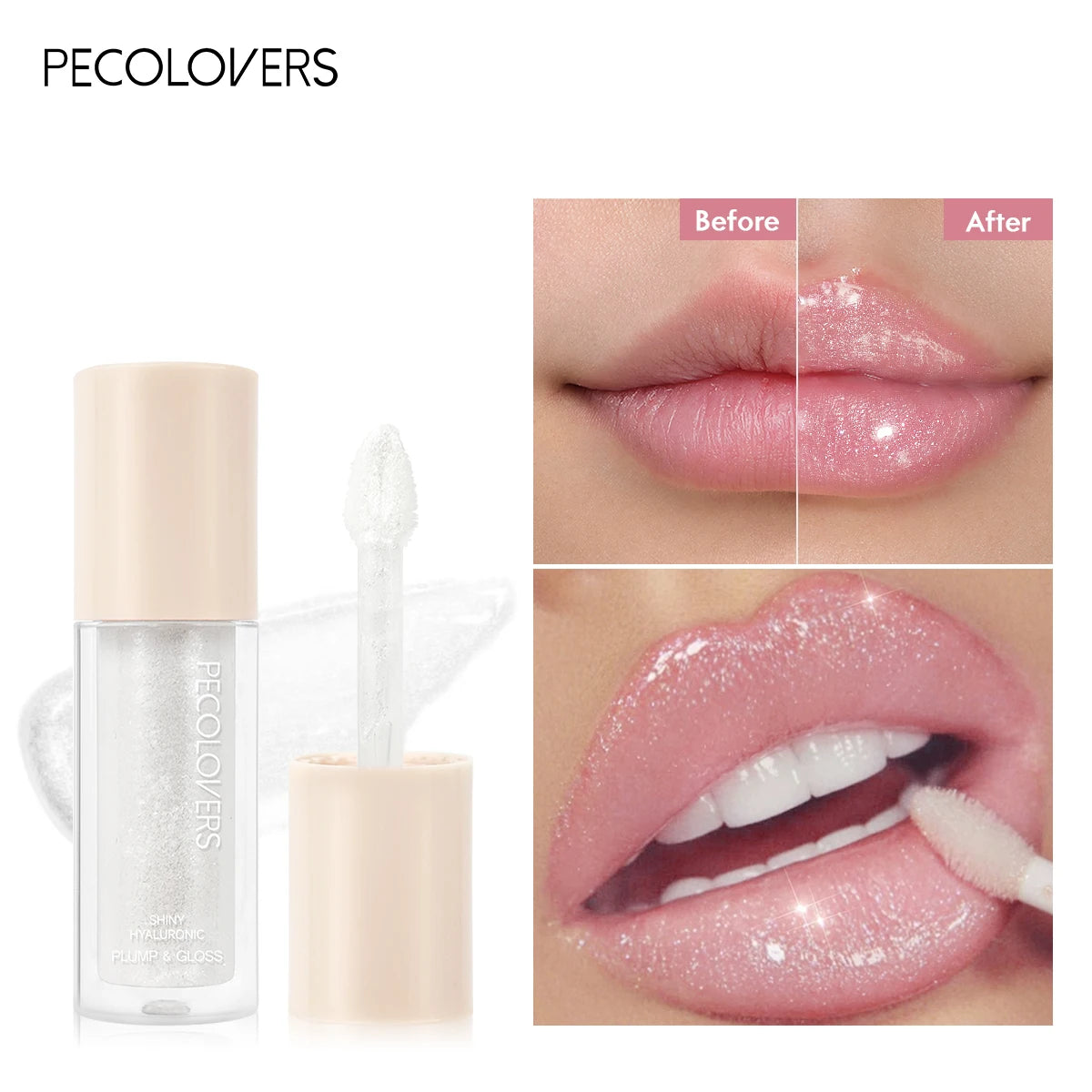Clear lip gloss with applicator and before and after images showing shiny, plump lips.