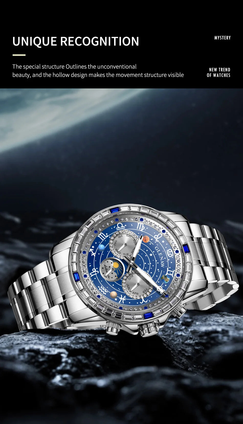 Glenaw top brand luxury fashion personalized fully automatic mechanical gold watch men's luminous waterproof watch