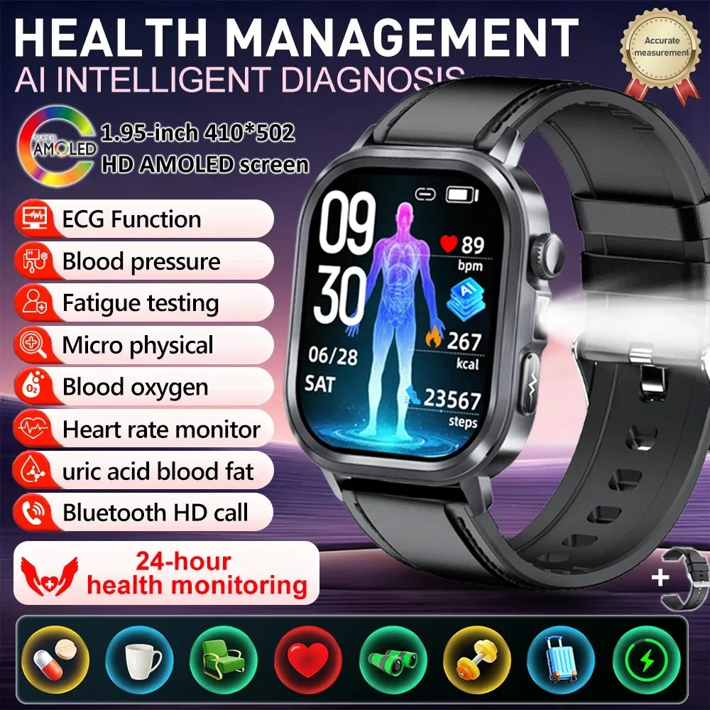 New Accurate Blood Pressure Smart Watch Uric Acid ECG+PPG Blood Oxygen Body Analysis Body Fat LED Flashlight smart watches 2025
