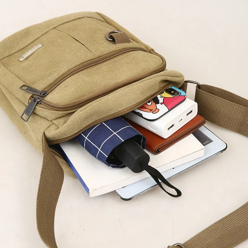 Casual Canvas Shoulder Bag for Men Business Crossbody Small Backpack Soft Handle Zipper Closure Leisure Style Mid-Year New