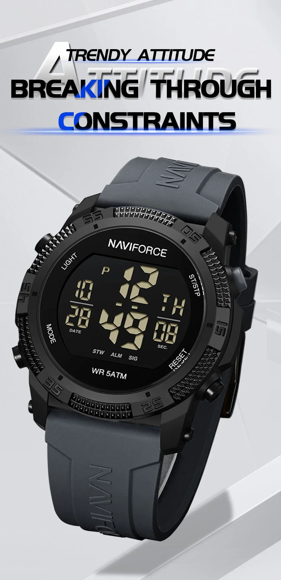 NAVIFORCE NF7104 Men's LCD Digital Leisure Date and Week Alarm Clock Waterproof Silicone Strap Electronic Premium Watch