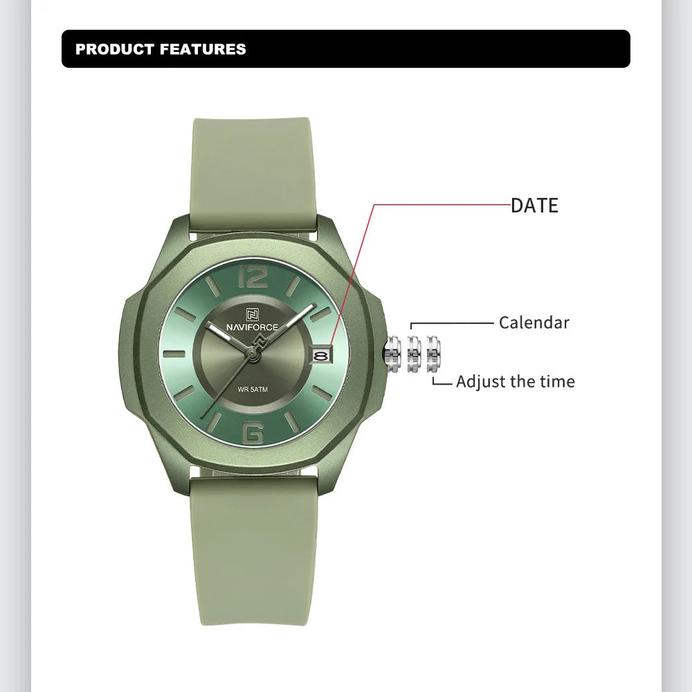 NAVIFORCE Sports Casual Watches for Woman Soft Silicone Strap Classic Fashion 30m Waterproof Date Display Ladies Gift Wristwatch