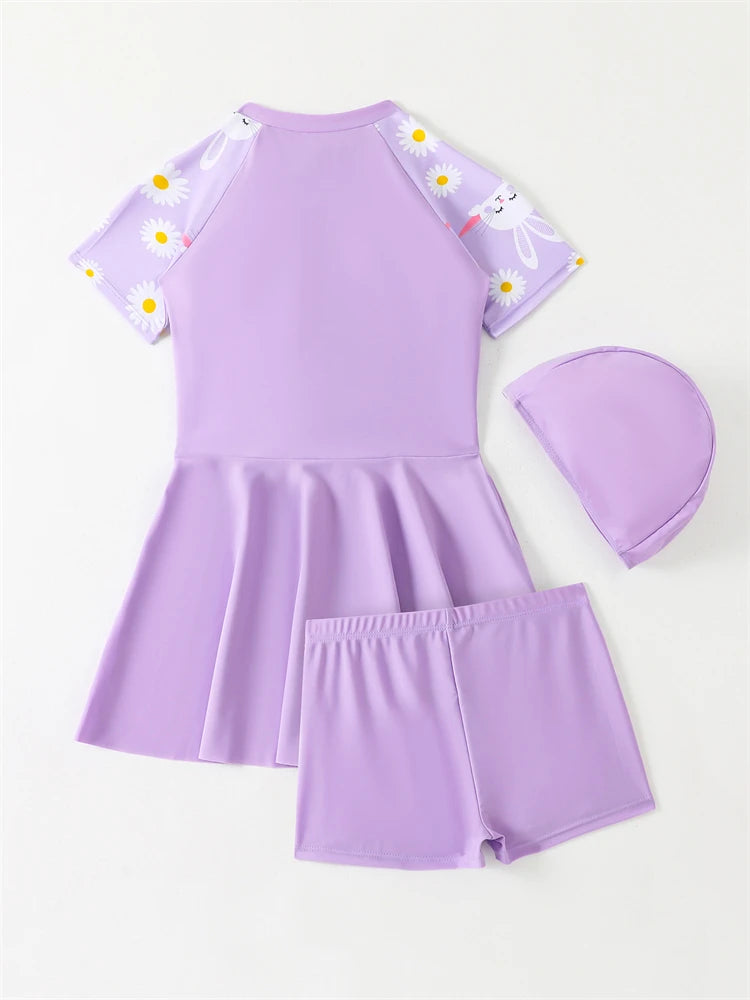 Kids Swimsuit Girls Swimwear 2026 New Solid Print Short Sleeve Dress Zipper Children Swimming Shorts Beach Bathing Suit 3 Piece