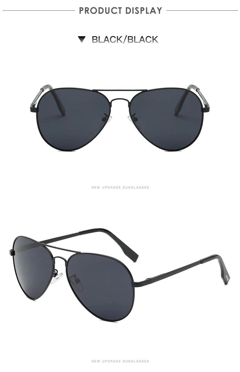 Black aviator sunglasses with dark lenses and slim metal frame, fashion accessory display.