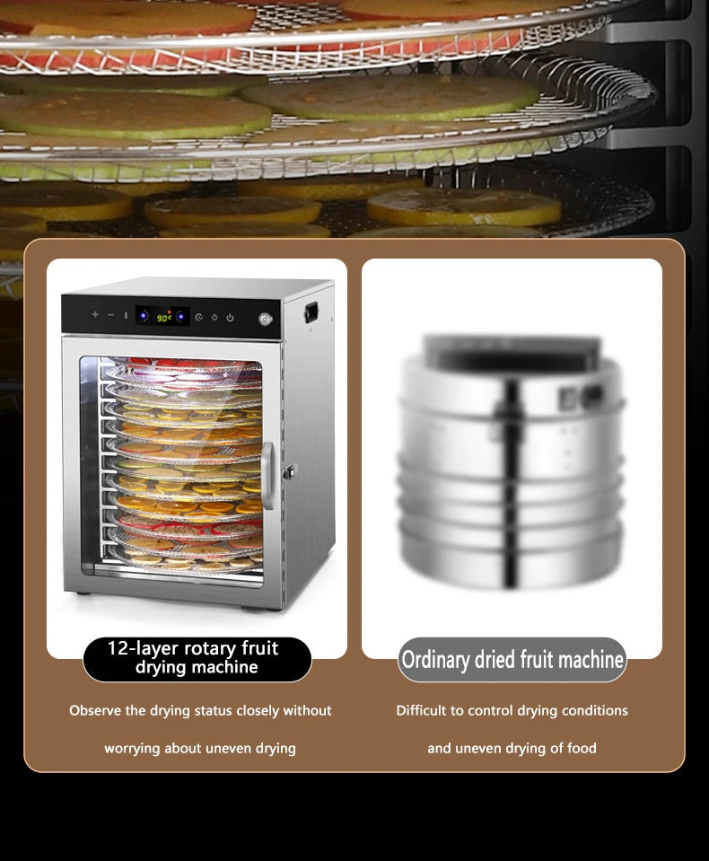 10/12/16 Tier Rotary Food Dehydrator Smart Commercial & Home Dryer for Fruit, Veg, Meat, Snacks, Herbs