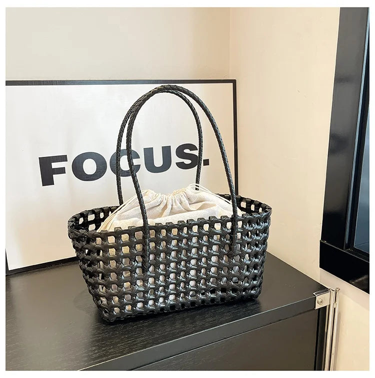 Hollow out Woven Beach Vacation Shoulder Backpack Women's Bag Casual Simple Style Double Strap Handbag for Daily Use