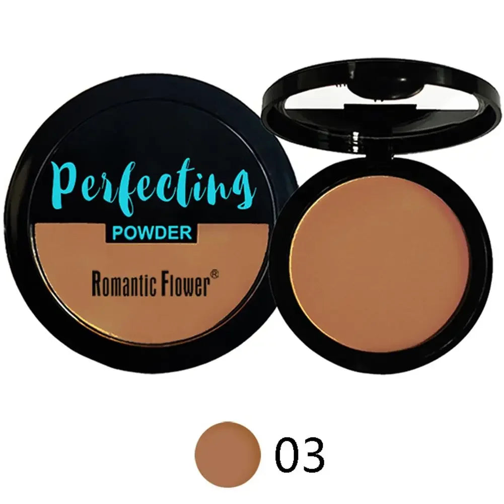 Matte beige pressed powder compact with mirror, shade 03, labeled Perfecting Powder