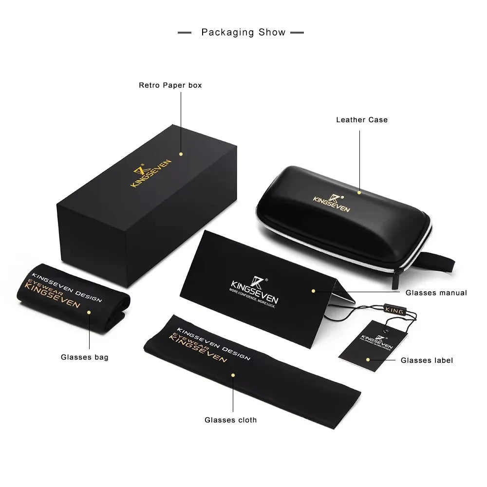 Sunglasses packaging set with leather case, black box, glasses bag, cloth, manual, and label.