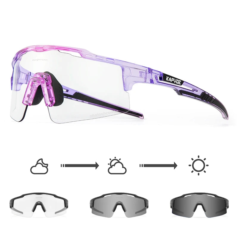 Purple photochromic sports sunglasses with interchangeable lenses for varying light conditions