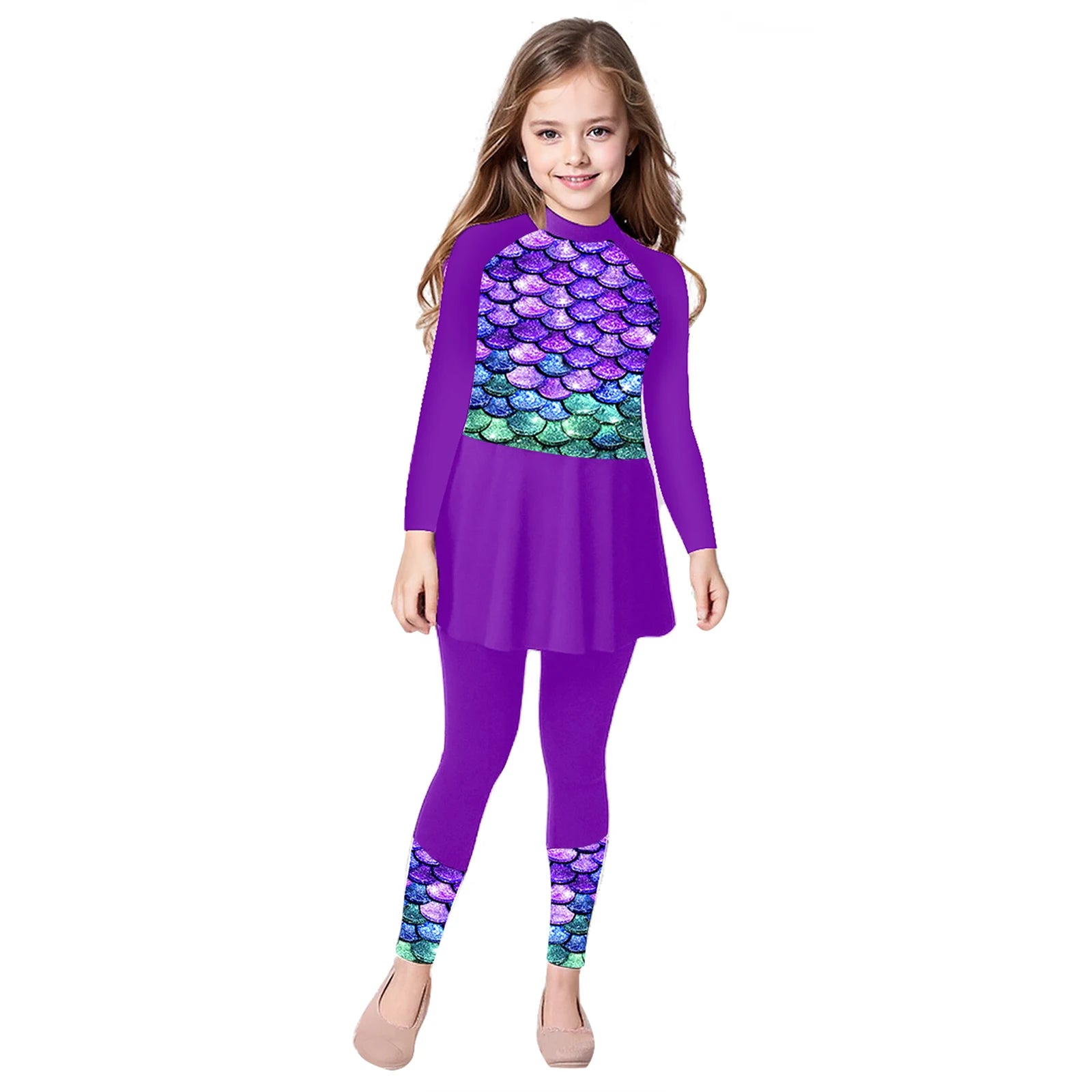 Girls Swimsuits 2 Piece Rash Guard Set UPF 50 Sun Protection Long Sleeve Swim Dress with Leggings Kids Full Body Cover Beachwear