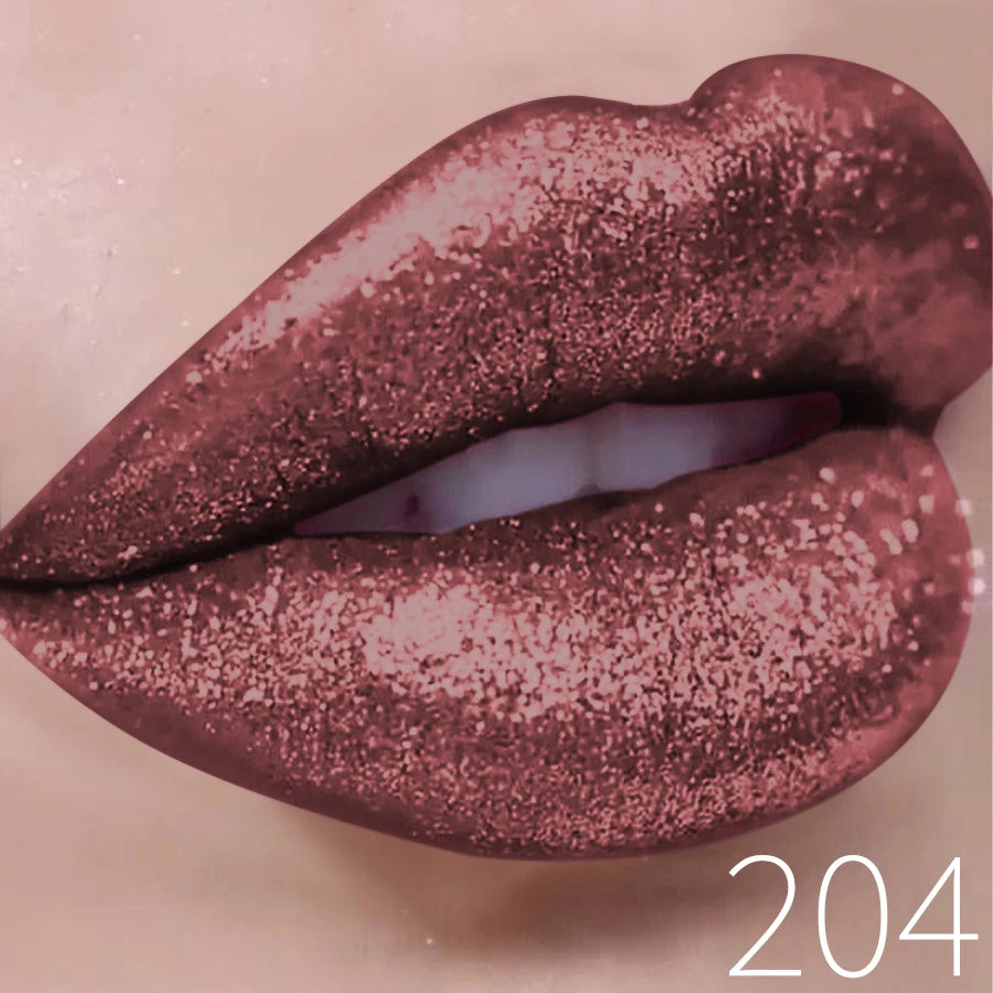 Close-up of lips wearing shimmery rose gold glitter lipstick, shade 204