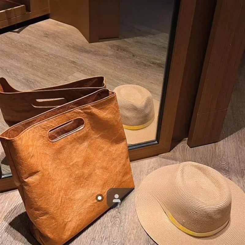 Retro Commuter Large Capacity Women's Tote Bag Kraft Paper Handbag Washable Simple Ins Style Casual Fashion Handbag