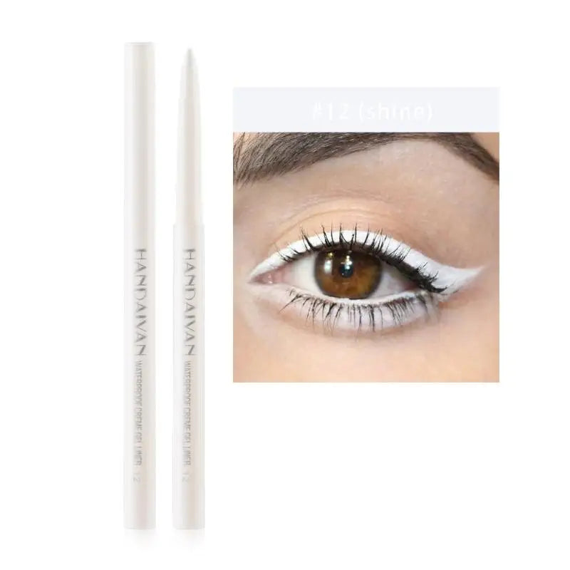 White waterproof eyeliner pencil with close-up of eye makeup look, crisp white winged eyeliner style.