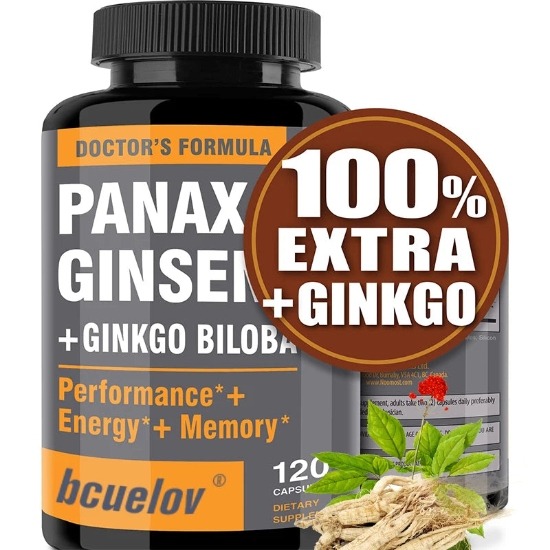 Ginseng + Ginkgo Biloba Supplement, Boosts Energy Focus, Supports Cognitive Athletic Performance & Heart Health, 120 Caps