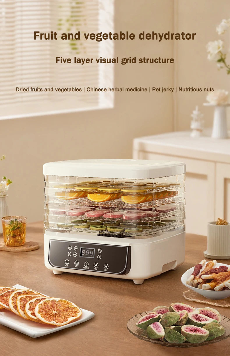 DMWD Dried Food Dehydrator Herb Fruit Vegetable Dehydration Drying Machine Smart Timing 5 Trays Pet Snacks Meat Hot Air Dryer EU