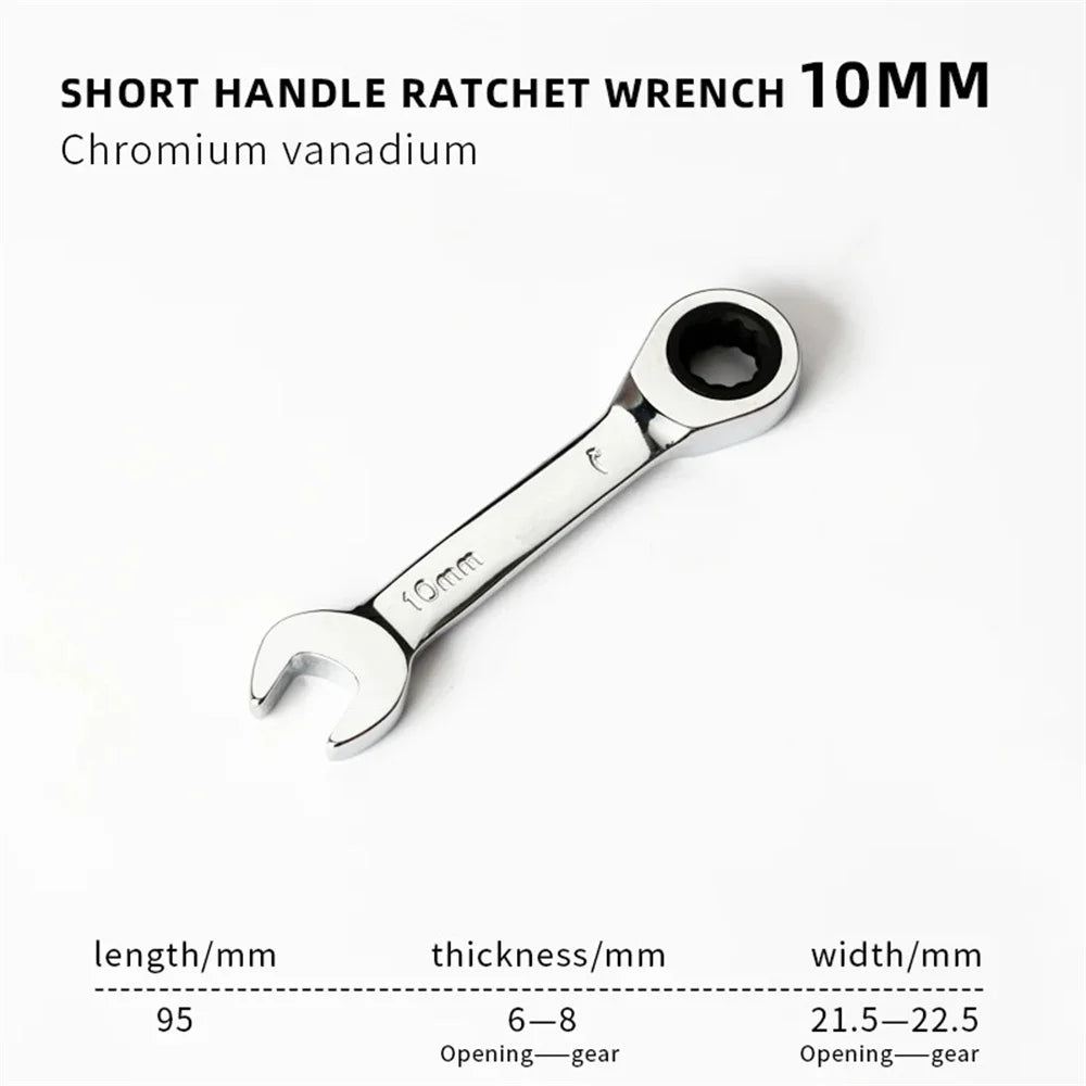 6-19mm Stubby Ratchet Spanner Short Ratchet Wrench Car Repair Hand Tools 72 Tooth Design Short Handle Dual-purpose Wrench Tool