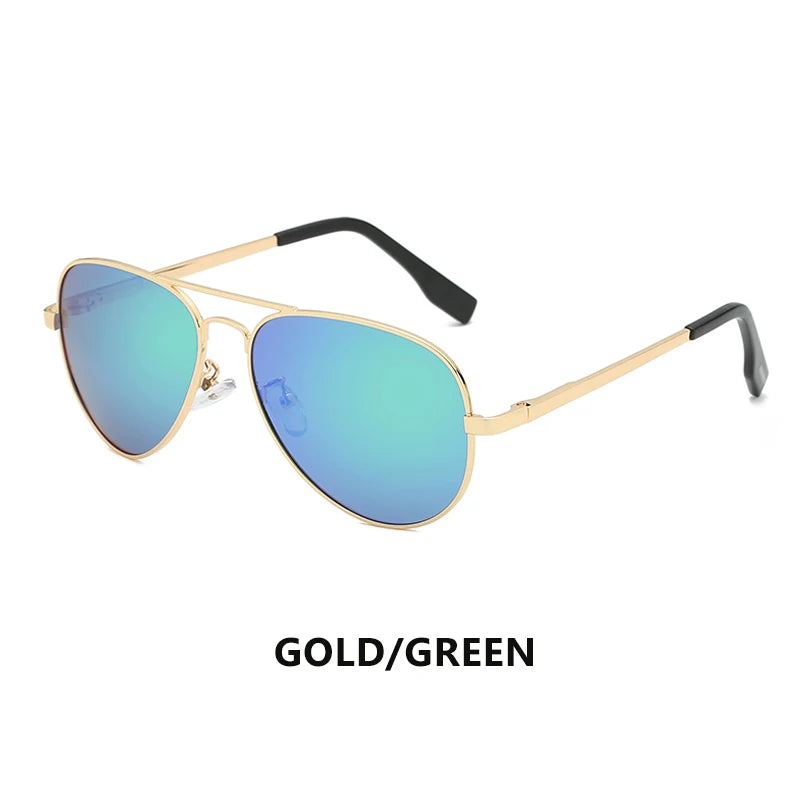 Gold aviator sunglasses with green mirrored lenses on white background