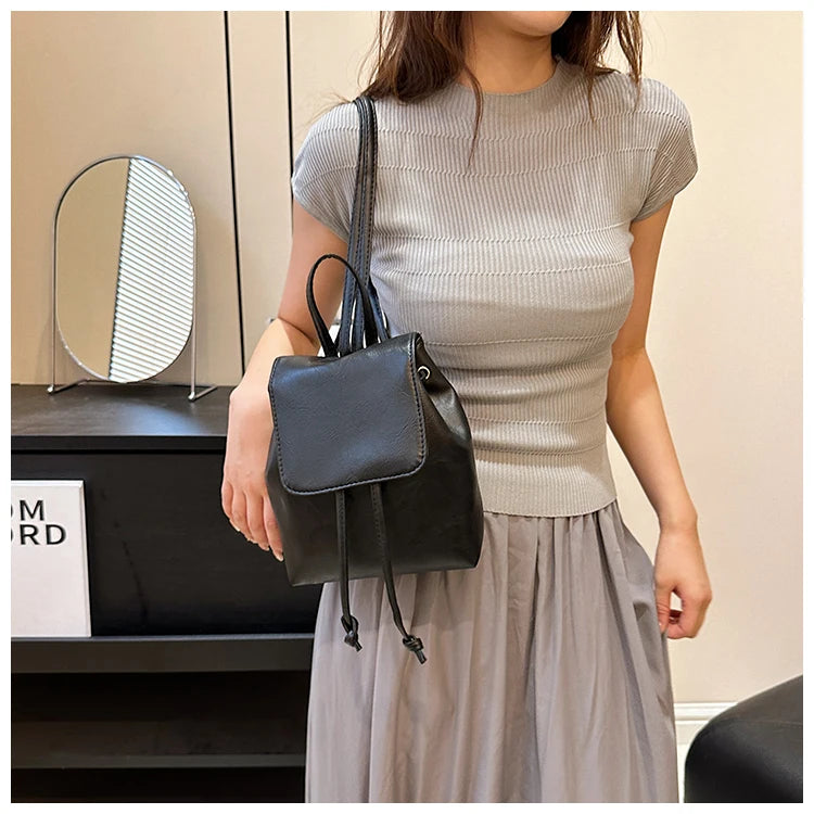 Compact Brown Retro Shoulder Bag Women's Spring Summer New Simple Artistic Match Double Rope Single Shoulder Bag Casual Style