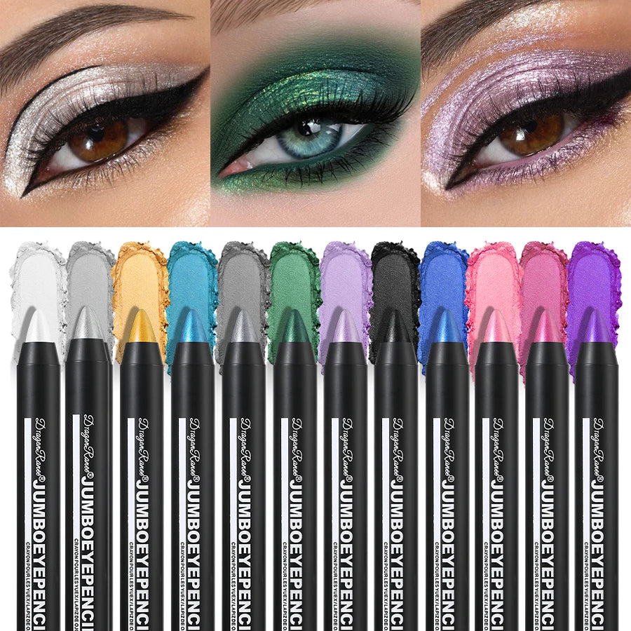 Colorful jumbo eye shadow pencils and dramatic eye makeup in metallic shades.