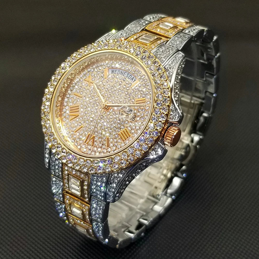 TikTok Hot Diamond Wristwatch For Men Luxury 18K Gold Plated Quartz Watches Day Date Nightclub Party Watch Unisex Rapper Jewelry