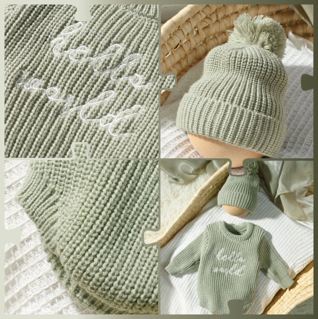 Hello World Knitting Newborn Photography Romper with Matching Pomp Hat Baby Boy Girl Sweater Outfits for Photo Shooting