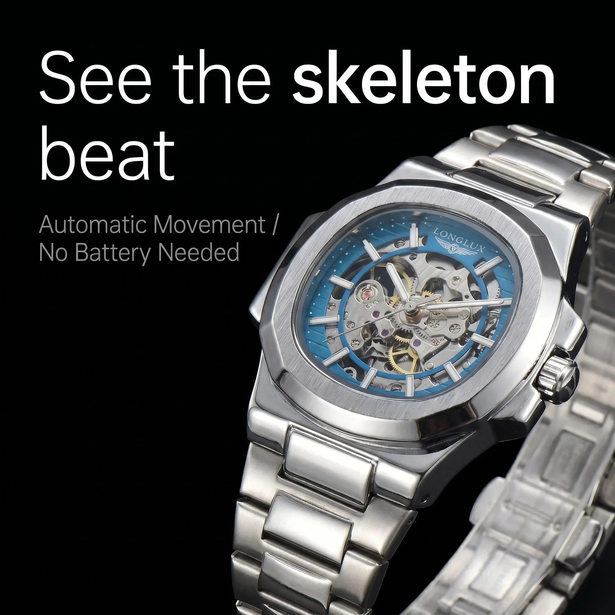LONGLUX Men automatic mechanical watch luxury watches waterproof skeleton business cheap wholesale stainless steel gift watch