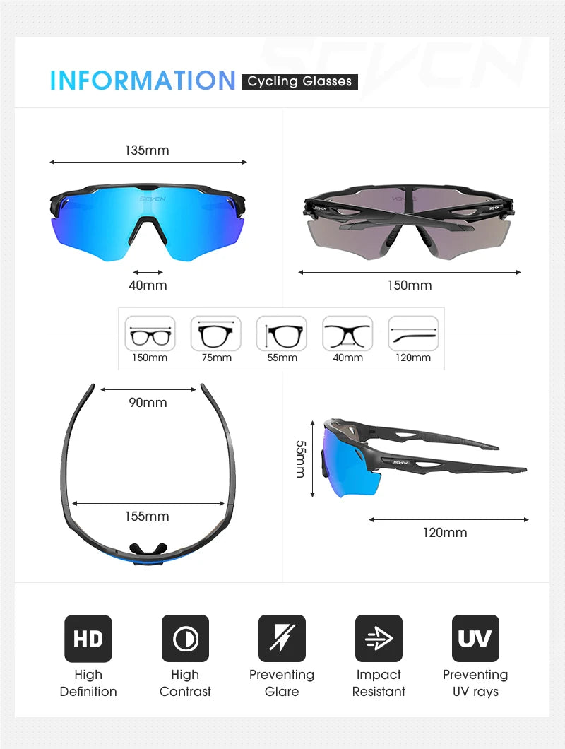 Cycling glasses with blue mirrored lenses, detailed dimensions, and features like UV protection, impact resistance, and glare prevention.