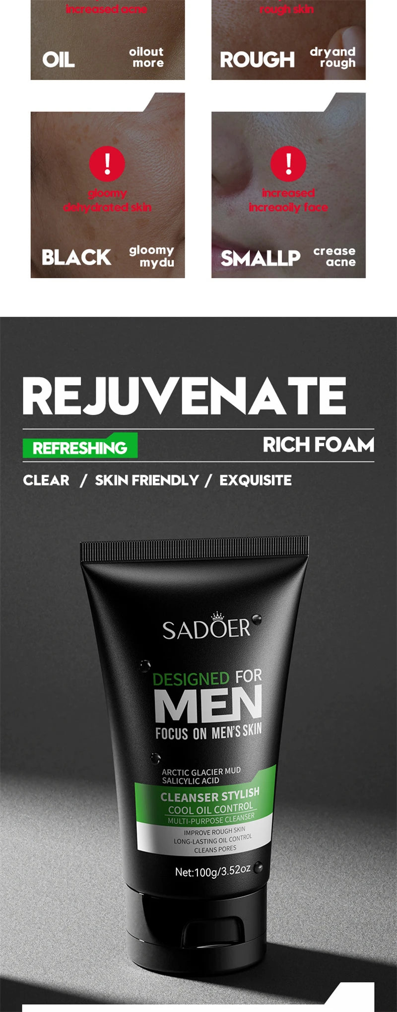 Deep Cleansing Men Facial Cleanser Oil Control Moisturizing Blackhead Remove Dark Spots Pores Acne Mark Refining Face Wash 100g