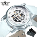 WINNER Fashion Skeleton Mechanical Watch for Women Luxury Rhinestones Dial Elegant Automatic Watches Leather Strap Luminous Hand