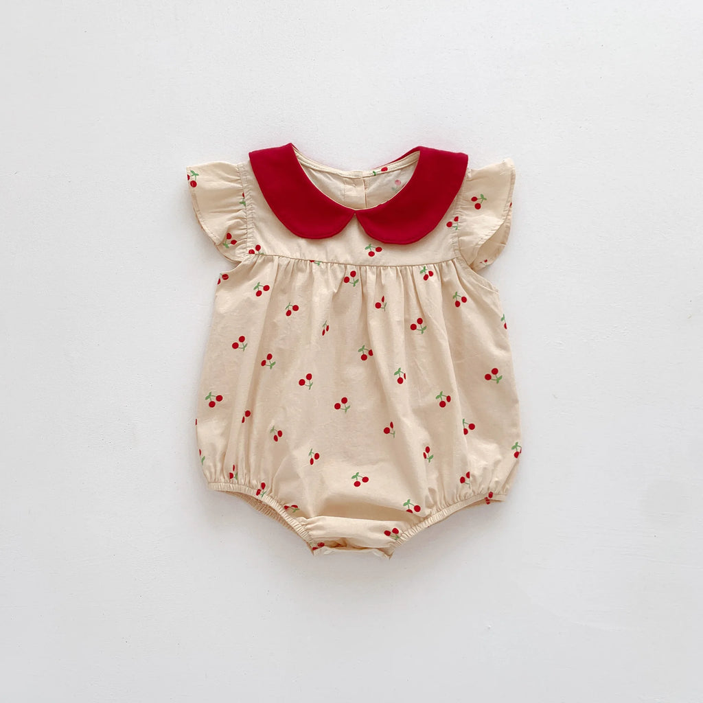 2026 Summer Baby Girls Bodysuit Full Of Cherry Print Toddler One Piece Sweet Peter Pan Collar Flying Sleeve Girls Clothes