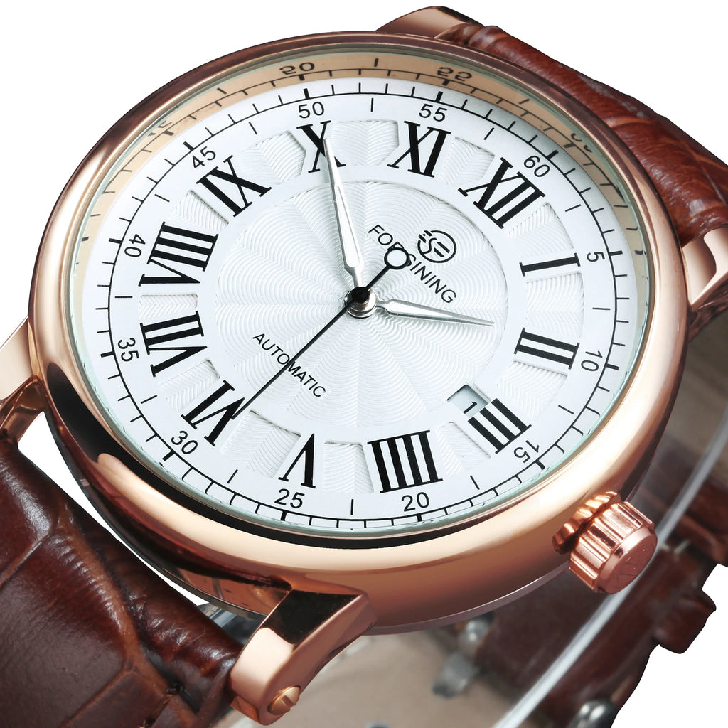 Forsining Classic Business Automatic Mens Watch Calendar Luxury Brand Brown Leather Strap Fashion Rose Gold Mechanical Watches