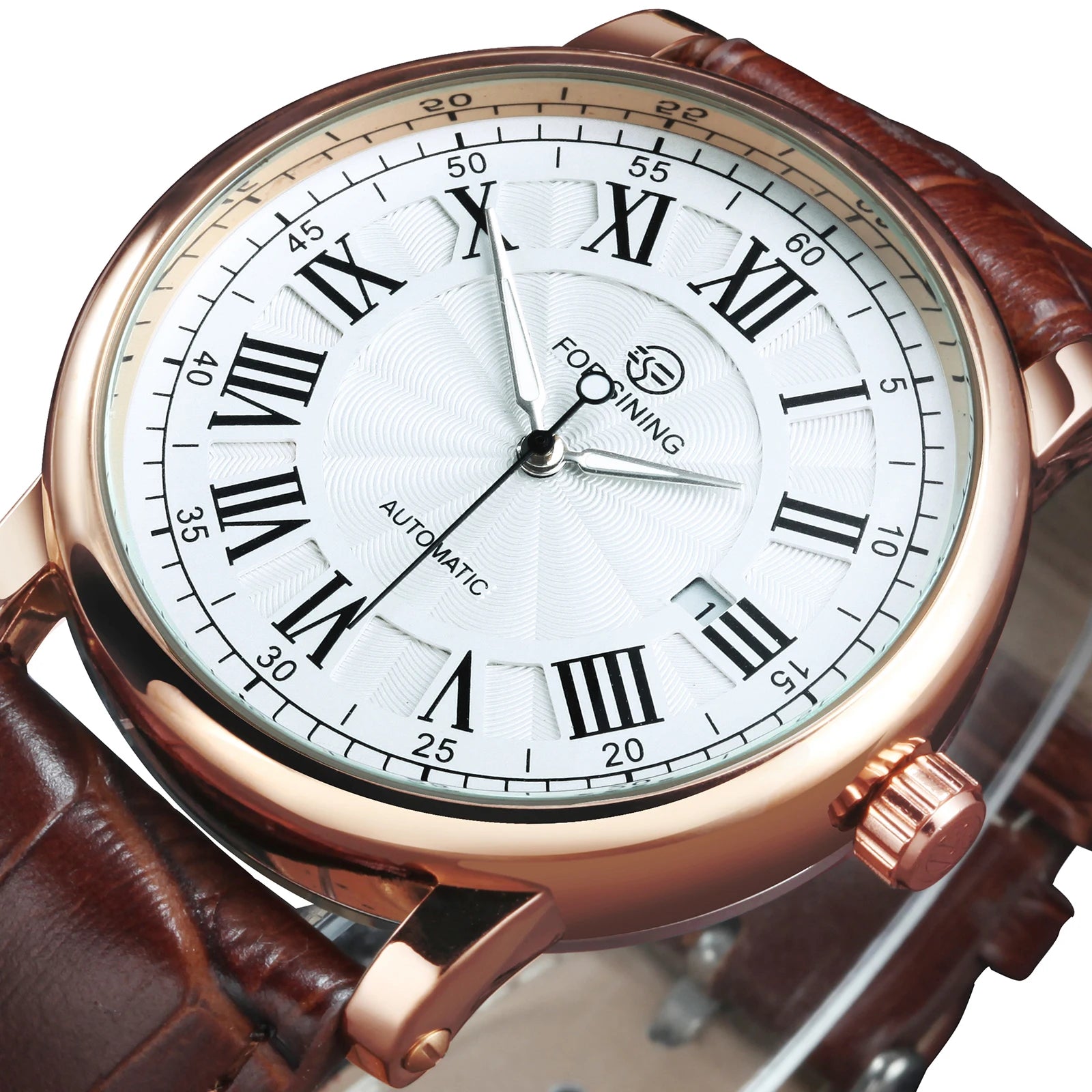 Forsining Classic Business Automatic Mens Watch Calendar Luxury Brand Brown Leather Strap Fashion Rose Gold Mechanical Watches