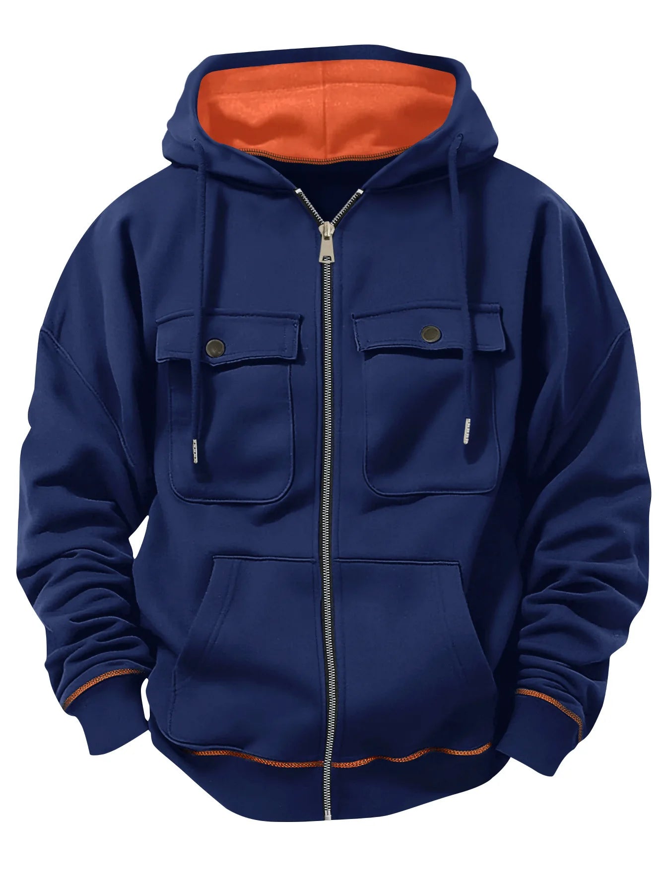 2026 New model retro workwear hooded sweatshirt, men's zipper solid-color warm sports shirt with multiple pockets hooded jacket