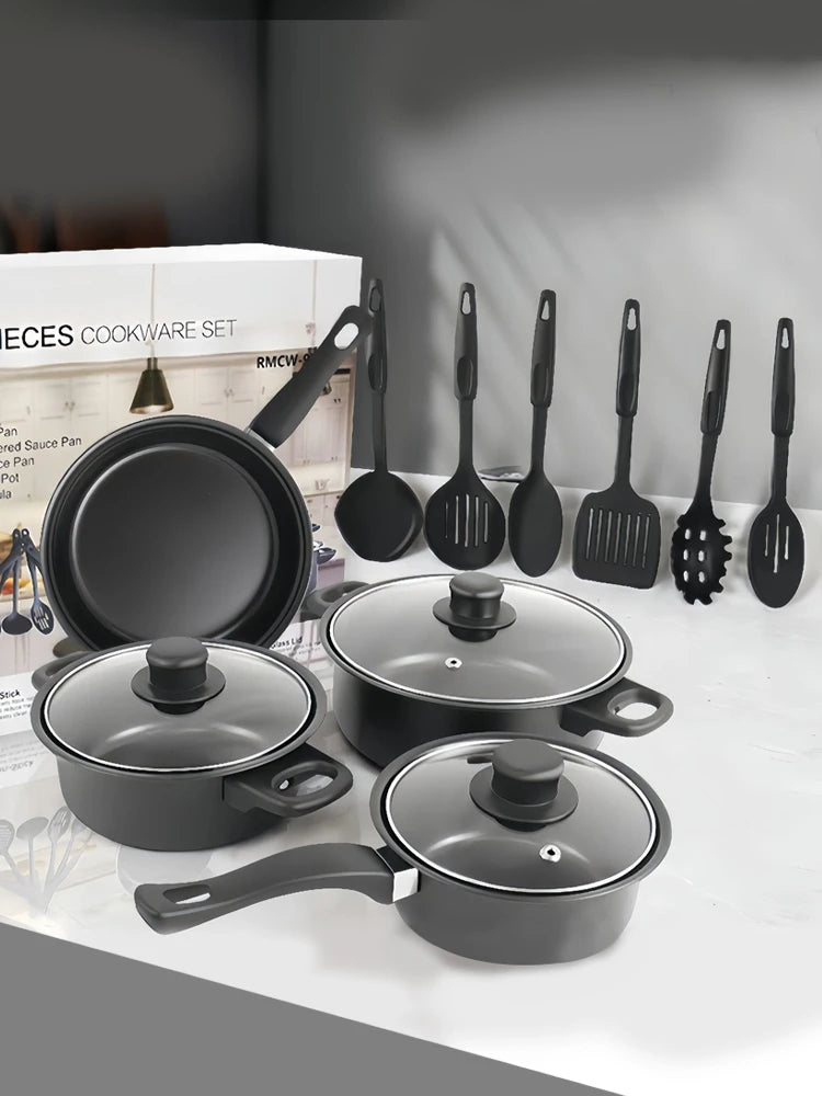 12-Piece Non-Stick Cookware Set Cooking Pot with Lid Milk Pot Maifan Stone Frying Pan Stackable Pot Set for All Types of Cooker