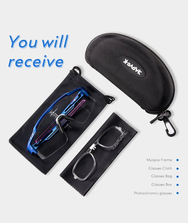 Eyeglasses set with myopia frames, glasses case, soft pouch, and cleaning cloth on white background.