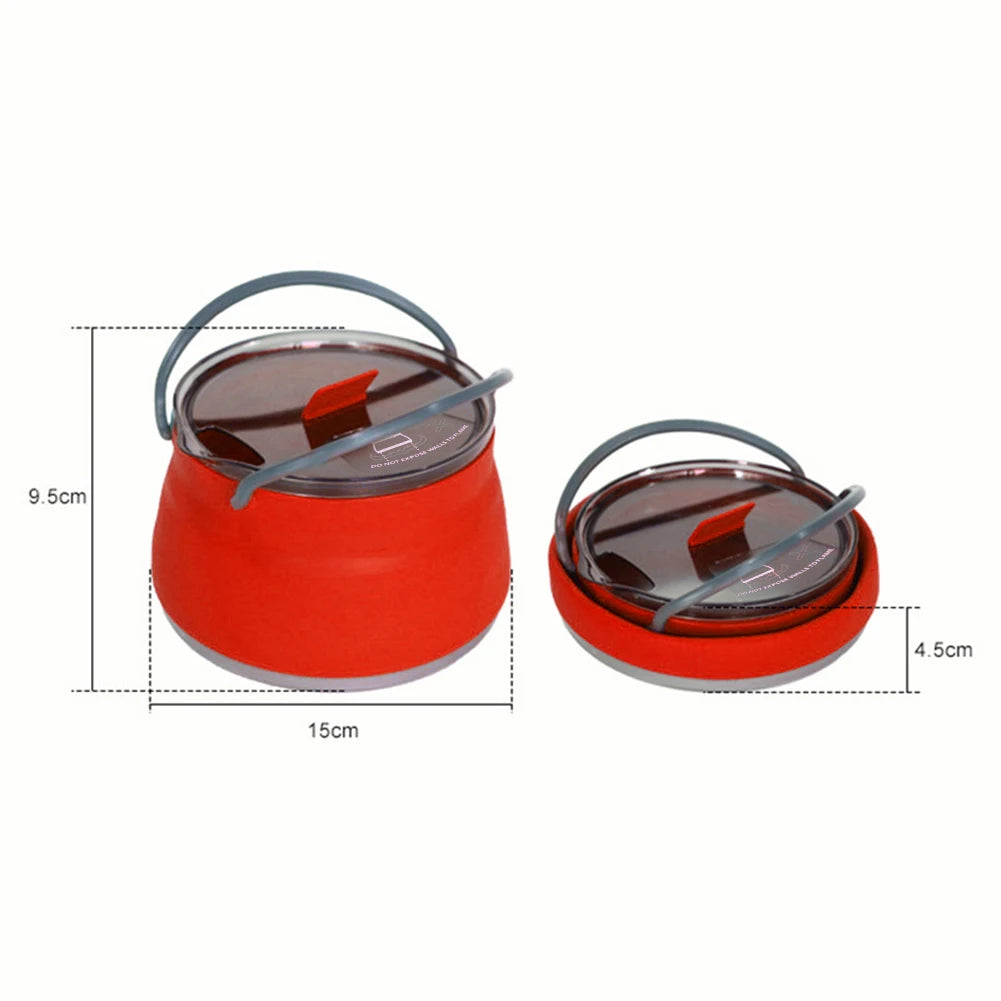 1.5L Silicone Kettle with Handle 1L Camping Cook Pot Stainless Steel Bottom Collapsible Water Cup/Bowl for Camping Backpacking