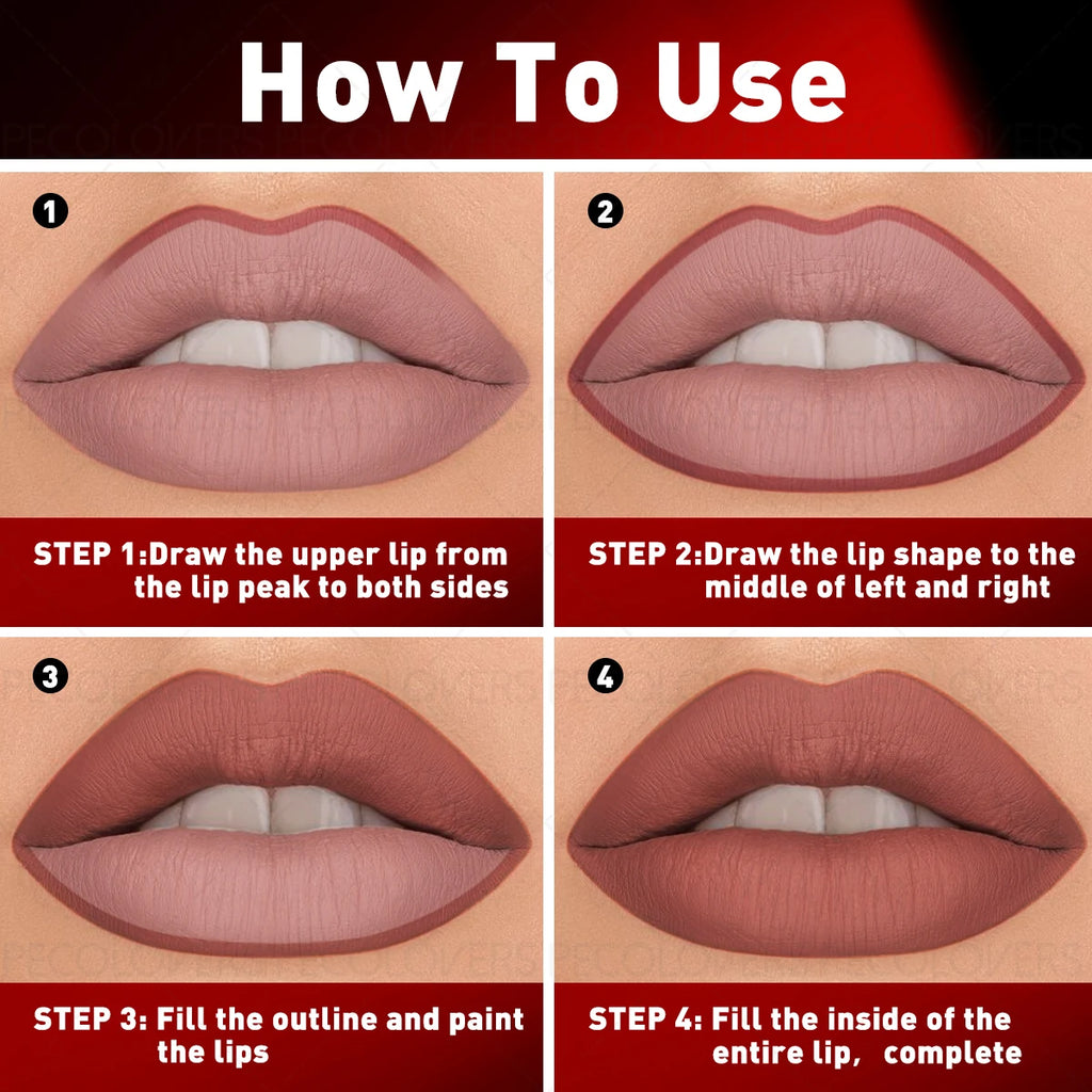 Lip makeup application tutorial in four steps, showing how to outline and fill in lips with lipstick.