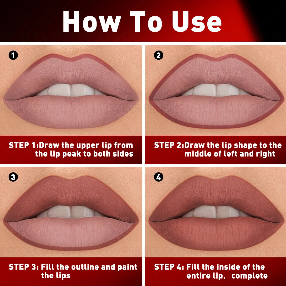 Lip makeup application tutorial in four steps, showing how to outline and fill in lips with lipstick.